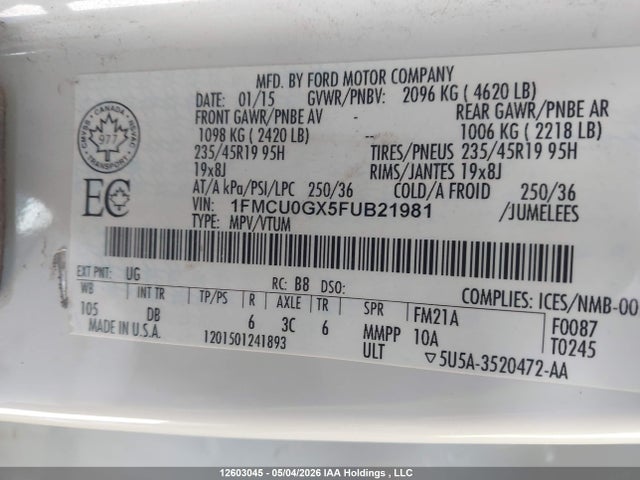 Продаж на аукціоні авто 2015 Ford Escape Se, vin: 1FMCU0GX5FUB21981, номер лоту: 12603045