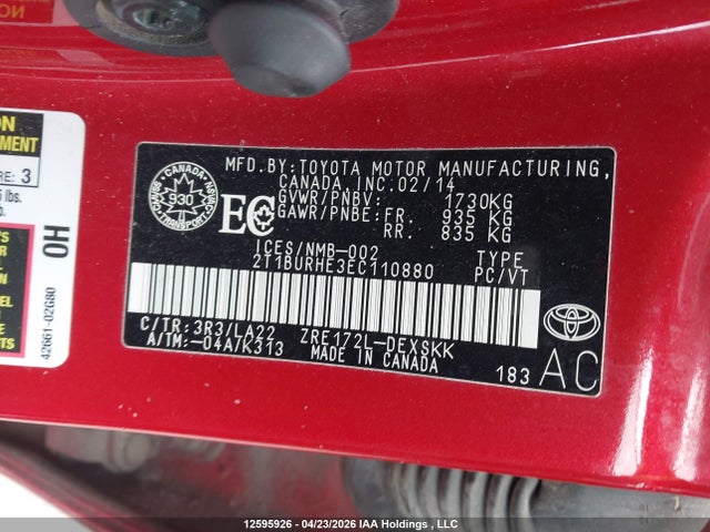12595926 :رقم المزاد ، 2T1BURHE3EC110880 vin ، 2014 Toyota Corolla S مزاد بيع