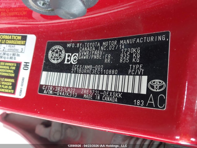 12595926 :رقم المزاد ، 2T1BURHE3EC110880 vin ، 2014 Toyota Corolla S مزاد بيع