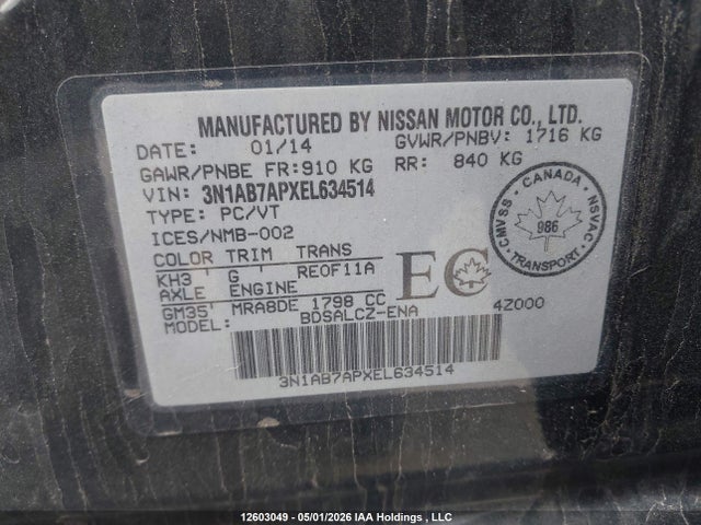 2014 Nissan Sentra S/sv/sr/sl მანქანა იყიდება აუქციონზე, vin: 3N1AB7APXEL634514, აუქციონის ნომერი: 12603049