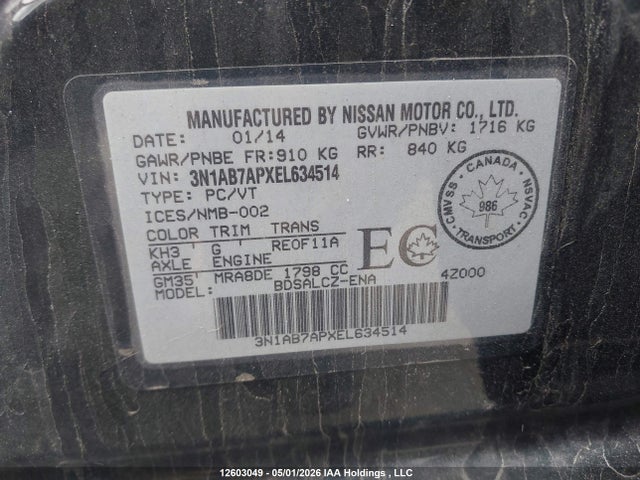 2014 Nissan Sentra S/sv/sr/sl მანქანა იყიდება აუქციონზე, vin: 3N1AB7APXEL634514, აუქციონის ნომერი: 12603049