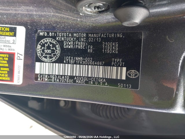 12603050 :رقم المزاد ، 4T1BF1FK9DU664667 vin ، 2013 Toyota Camry Xle مزاد بيع