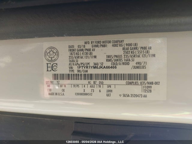 Aukcja sprzedaży 2018 Ford Transit T-250, vin: 1FTYR1YM6JKA66466, numer aukcji: 12603055