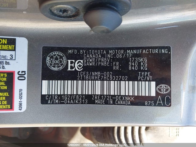 12603057 :رقم المزاد ، 2T1BURHE7HC932702 vin ، 2017 Toyota Corolla L/le/xle/se/xse مزاد بيع