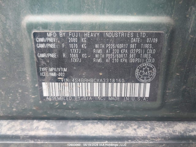 Продаж на аукціоні авто 2010 Subaru Outback 2.5i Premium, vin: 4S4BRHBCXA3318160, номер лоту: 12603060