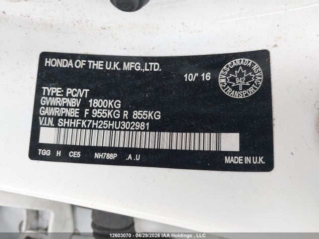 Aukcja sprzedaży 2017 Honda Civic Lx, vin: SHHFK7H25HU302981, numer aukcji: 12603070