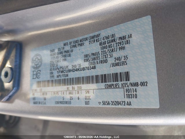 Продажа на аукционе авто 2019 Ford Escape Sel, vin: 1FMCU9HD4KUB70348, номер лота: 12603073