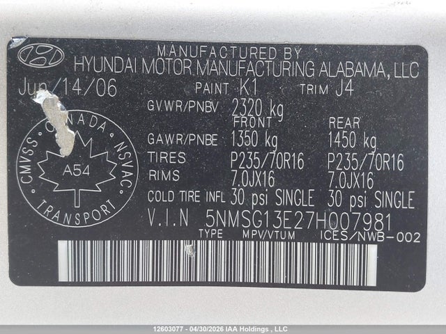 Продаж на аукціоні авто 2007 Hyundai Santa Fe Gl, vin: 5NMSG13E27H007981, номер лоту: 12603077