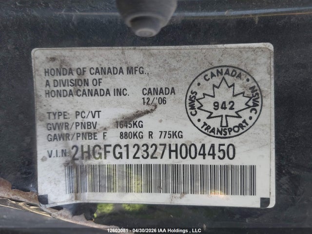 Продаж на аукціоні авто 2007 Honda Civic Dx-g, vin: 2HGFG12327H004450, номер лоту: 12603081