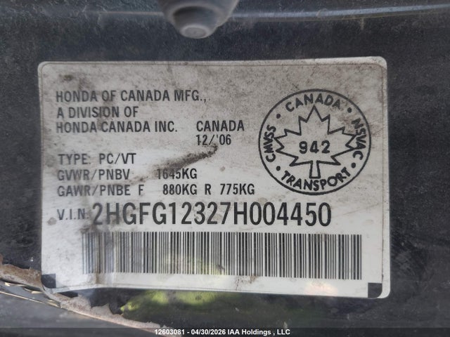 Продаж на аукціоні авто 2007 Honda Civic Dx-g, vin: 2HGFG12327H004450, номер лоту: 12603081