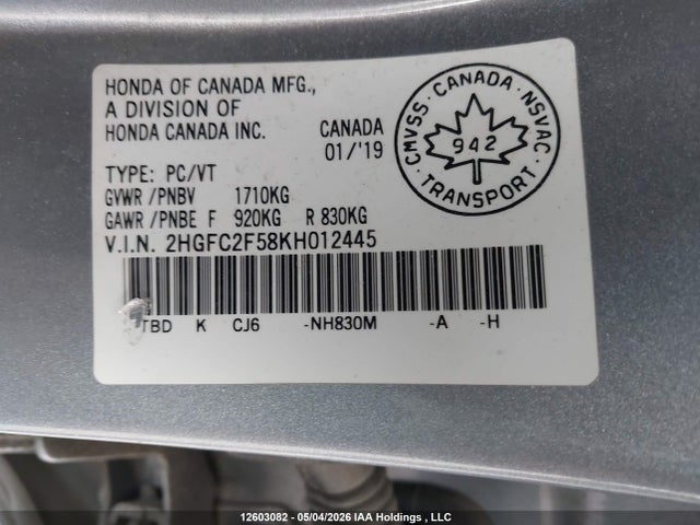 Продажа на аукционе авто 2019 Honda Civic, vin: 2HGFC2F58KH012445, номер лота: 12603082