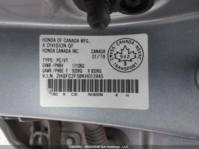 Продажа на аукционе авто 2019 Honda Civic, vin: 2HGFC2F58KH012445, номер лота: 12603082