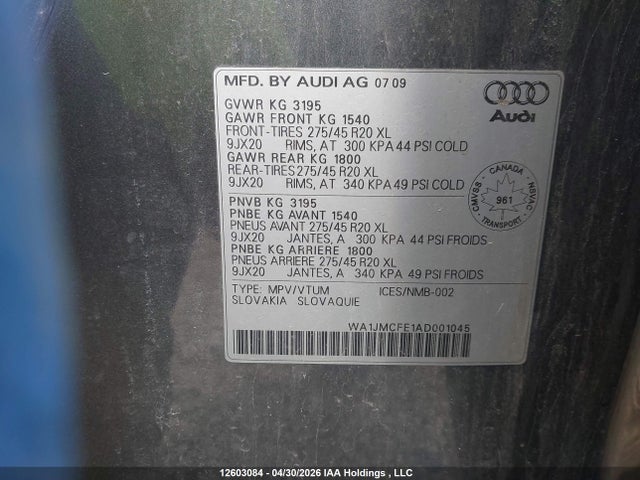 2010 Audi Q7 მანქანა იყიდება აუქციონზე, vin: WA1JMCFE1AD001045, აუქციონის ნომერი: 12603084