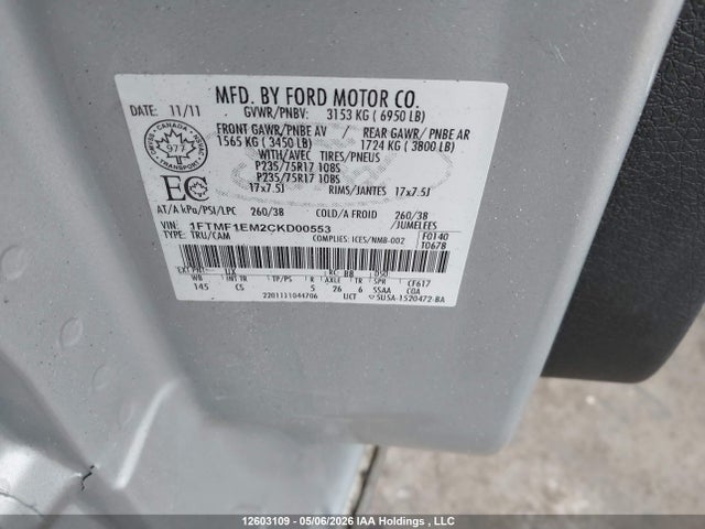 Aukcja sprzedaży 2012 Ford F-150 Xl, vin: 1FTMF1EM2CKD00553, numer aukcji: 12603109