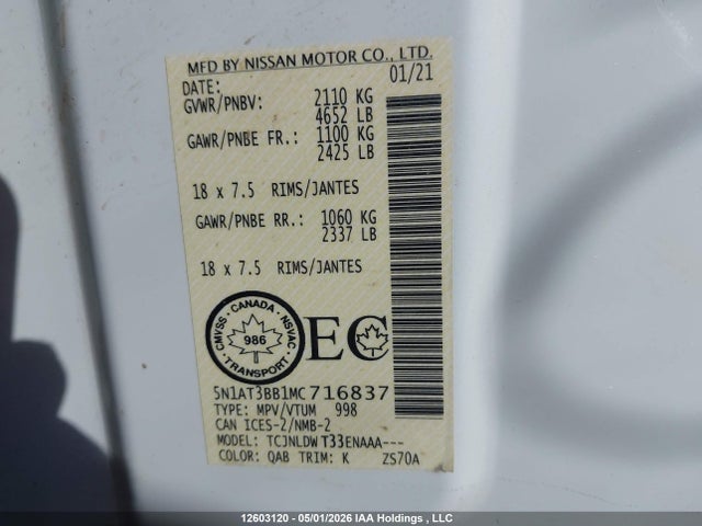 Aukcja sprzedaży 2021 Nissan Rogue Sv, vin: 5N1AT3BB1MC716837, numer aukcji: 12603120
