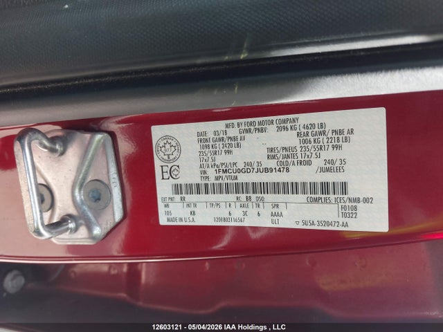 1FMCU0GD7JUB91478 Ford ESCAPE SE