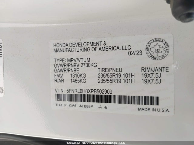 5FNRL6H8XPB502909 Honda Odyssey Touring