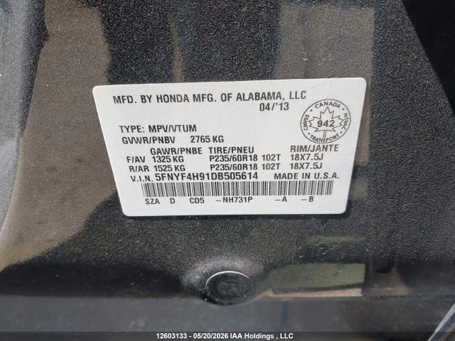 Aukcja sprzedaży 2013 Honda Pilot Touring, vin: 5FNYF4H91DB505614, numer aukcji: 12603133