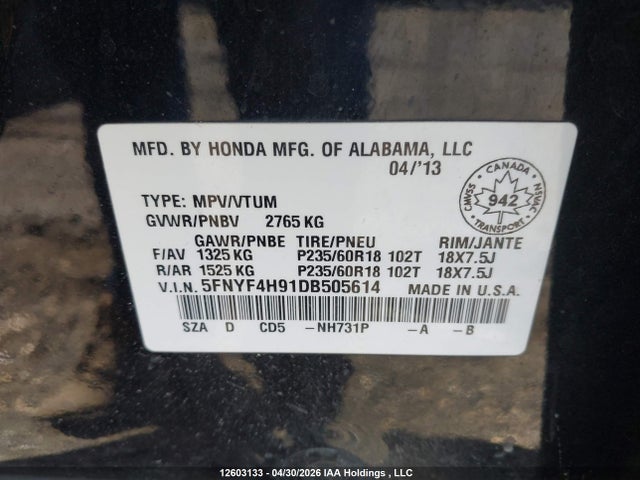 Aukcja sprzedaży 2013 Honda Pilot Touring, vin: 5FNYF4H91DB505614, numer aukcji: 12603133