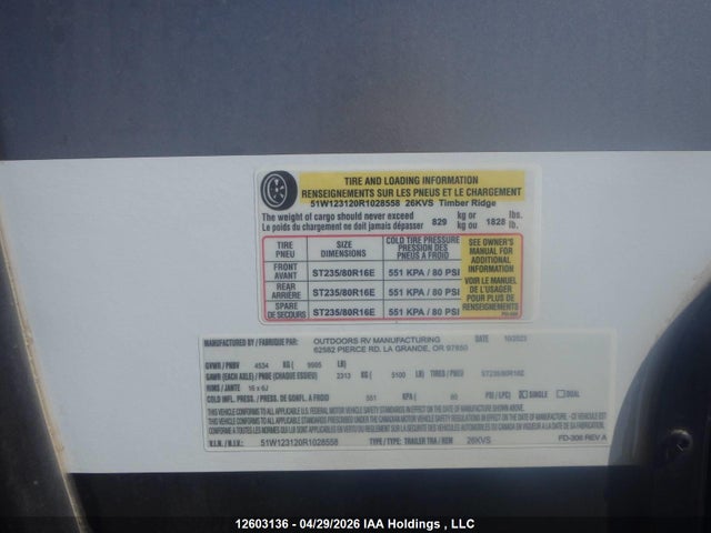 51W123120R1028558 Outdoor Rv Mfg Timber Ridge