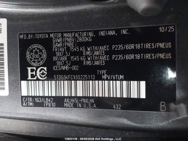12603139 :رقم المزاد ، 5TDGSKFCXSS225113 vin ، 2025 Toyota Sienna Le/xse/limited/platinum مزاد بيع