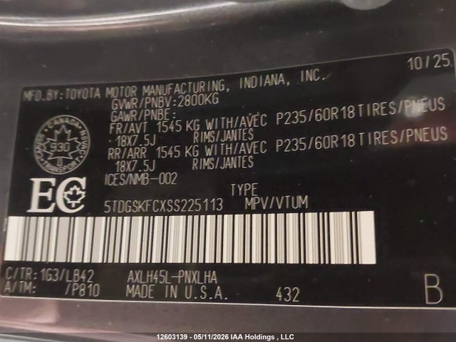 12603139 :رقم المزاد ، 5TDGSKFCXSS225113 vin ، 2025 Toyota Sienna Le/xse/limited/platinum مزاد بيع