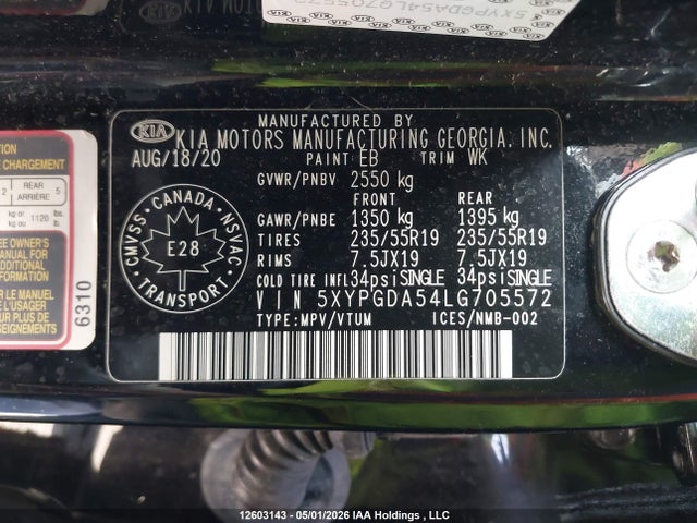 5XYPGDA54LG705572 KIA Sorento 3.3l Black Line/3.3l Lx+