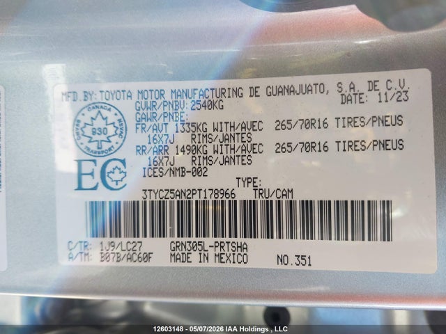 2023 Toyota Tacoma მანქანა იყიდება აუქციონზე, vin: 3TYCZ5AN2PT178966, აუქციონის ნომერი: 12603148