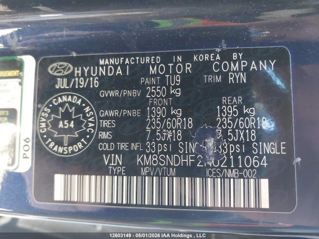 KM8SNDHF2HU211064 Hyundai Santa Fe Se/limited