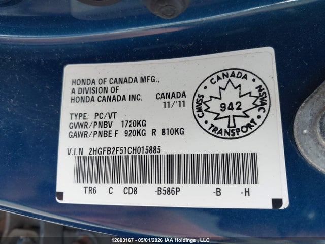 Продажа на аукционе авто 2012 Honda Civic Ex 4dr, vin: 2HGFB2F51CH015885, номер лота: 12603167