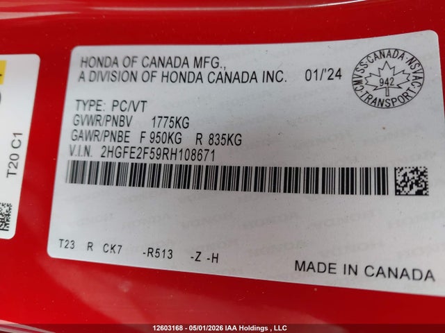 2HGFE2F59RH108671 Honda Civic Sport