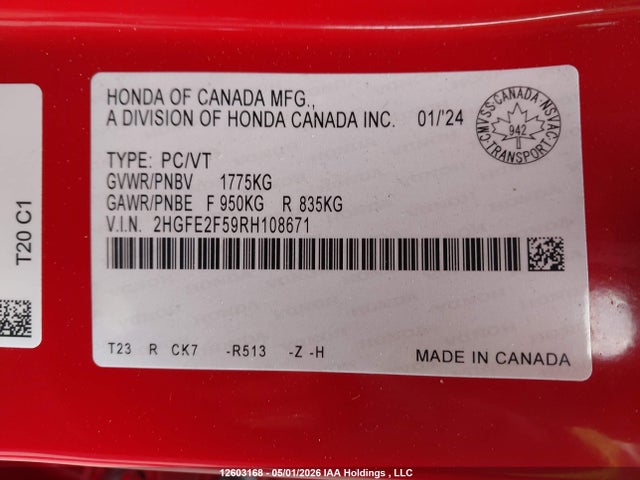 2HGFE2F59RH108671 Honda Civic Sport