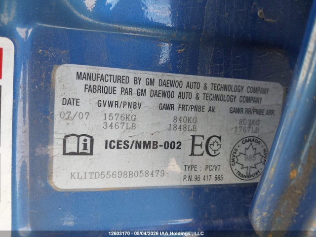 12603170 :رقم المزاد ، KL1TD55698B058479 vin ، 2008 Chevrolet Aveo Ls مزاد بيع