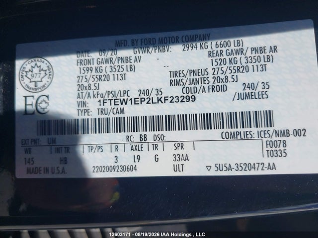Ford F-150 Lariat 2020 1FTEW1EP2LKF23299 Image 9