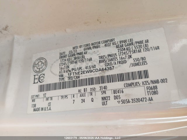 12603179 :رقم المزاد ، 1FTNE2EW9CDA64387 vin ، 2012 Ford E-250 Commercial مزاد بيع