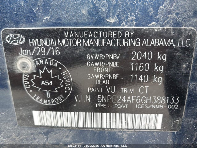 5NPE24AF6GH388133 Hyundai SONATA GL