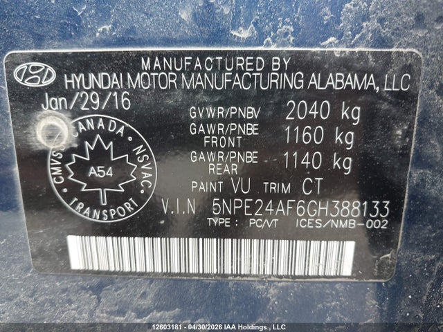 5NPE24AF6GH388133 Hyundai SONATA GL