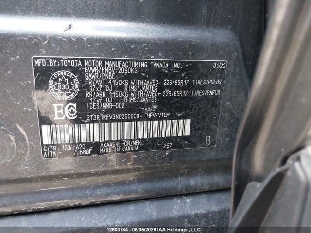 Продаж на аукціоні авто 2022 Toyota Rav4, vin: 2T3R1RFV3NC260800, номер лоту: 12603184