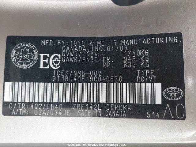 12603185 :رقم المزاد ، 2T1BU40E19C040638 vin ، 2009 Toyota Corolla S/le/xle مزاد بيع