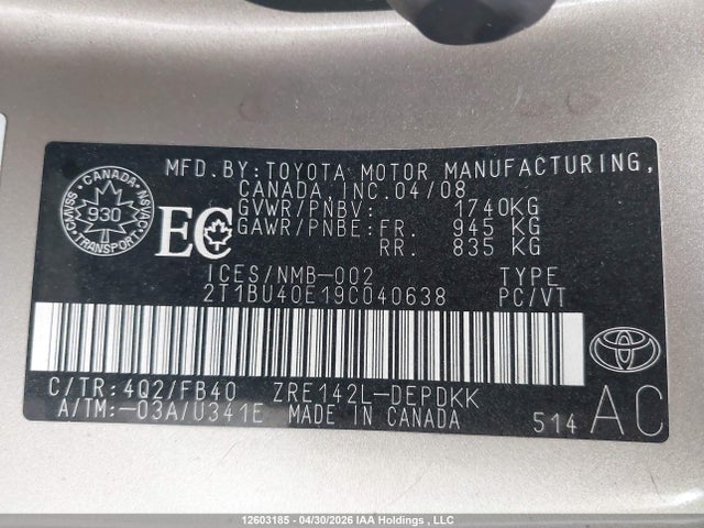 12603185 :رقم المزاد ، 2T1BU40E19C040638 vin ، 2009 Toyota Corolla S/le/xle مزاد بيع