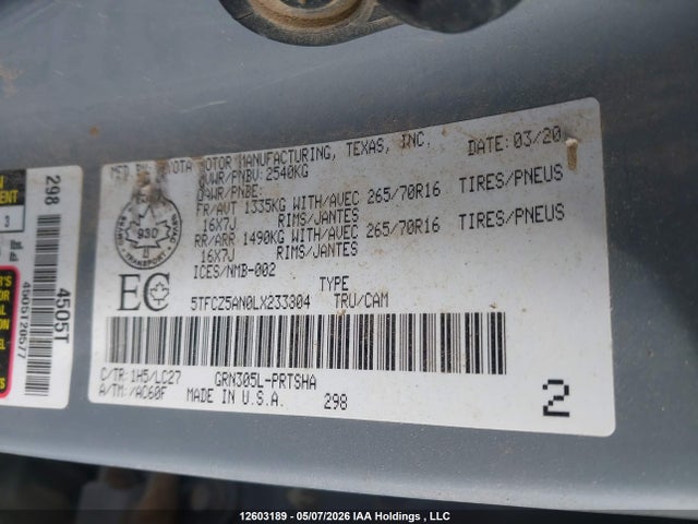 12603189 :رقم المزاد ، 5TFCZ5AN0LX233804 vin ، 2020 Toyota Tacoma Double Cab/sr/sr5/trd Sport/trd Off Road/trd Pro مزاد بيع