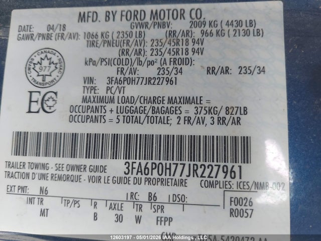 3FA6P0H77JR227961 Ford FUSION SE