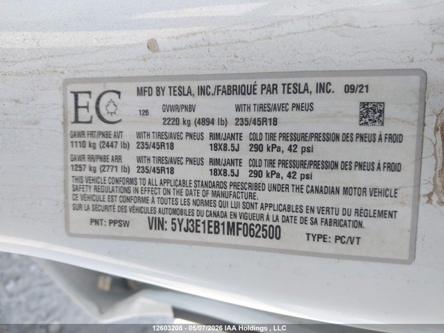 Aukcja sprzedaży 2021 Tesla Model 3, vin: 5YJ3E1EB1MF062500, numer aukcji: 12603208