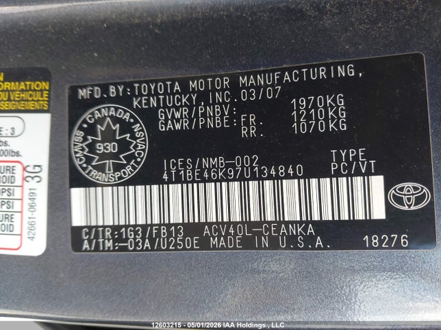 2007 Toyota Camry Ce/le/xle/se მანქანა იყიდება აუქციონზე, vin: 4T1BE46K97U134840, აუქციონის ნომერი: 12603215