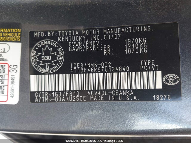 2007 Toyota Camry Ce/le/xle/se მანქანა იყიდება აუქციონზე, vin: 4T1BE46K97U134840, აუქციონის ნომერი: 12603215