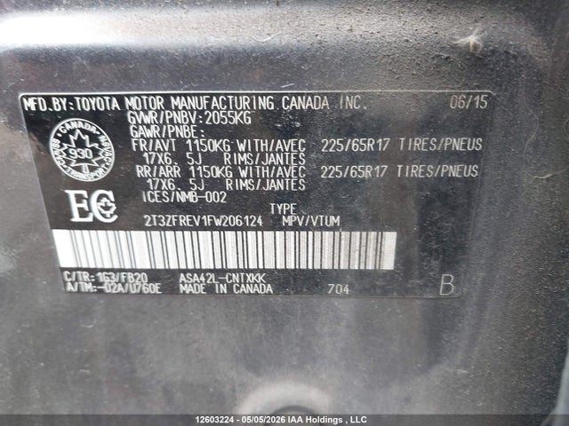 2T3ZFREV1FW206124 Toyota RAV4 LE