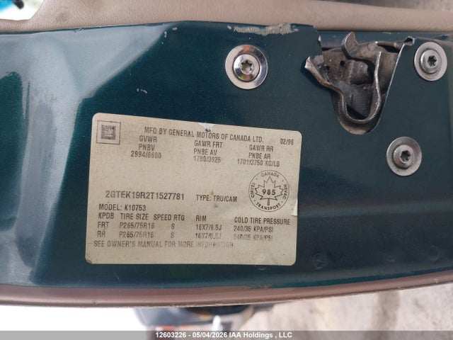 Продаж на аукціоні авто 1996 Gmc Sierra K1500, vin: 2GTEK19R2T1527781, номер лоту: 12603226