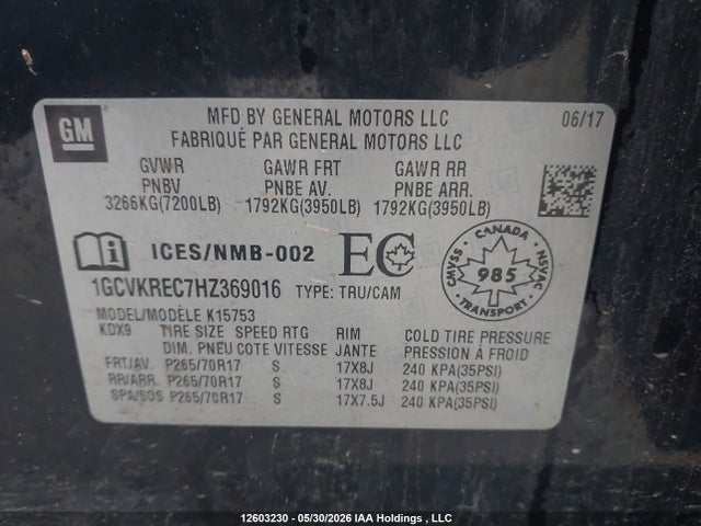 Продаж на аукціоні авто 2017 Chevrolet Silverado K1500 Lt, vin: 1GCVKREC7HZ369016, номер лоту: 12603230