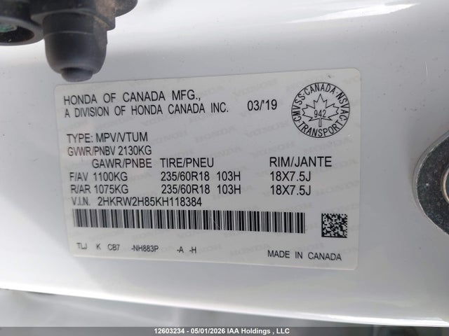 2HKRW2H85KH118384 Honda Cr-v Ex-l