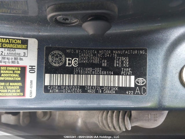 2T1BURHE8GC668114 Toyota Corolla L/le/le Pls/prm/s/s Pls